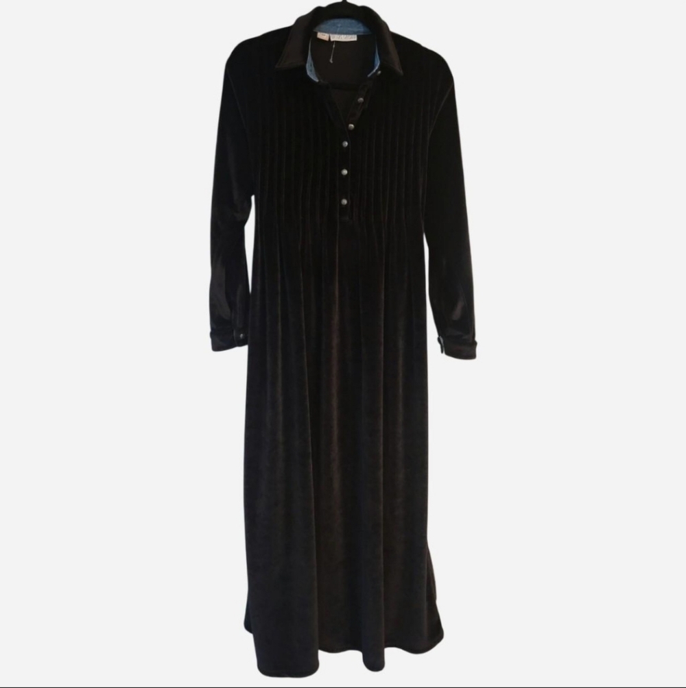 Vintage Black Velour Midi Dress Gotcha Covered Wilderness 8P Velvet Button Down